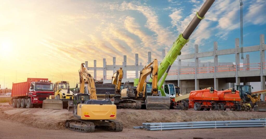 A construction site has multiple different kinds of materials and machines sitting around with a large crane behind them.