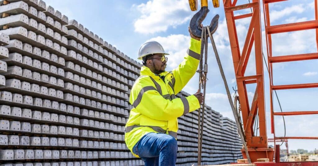 A construction worker wearing a yellow shirt works with a crane while there are building materials in the background.