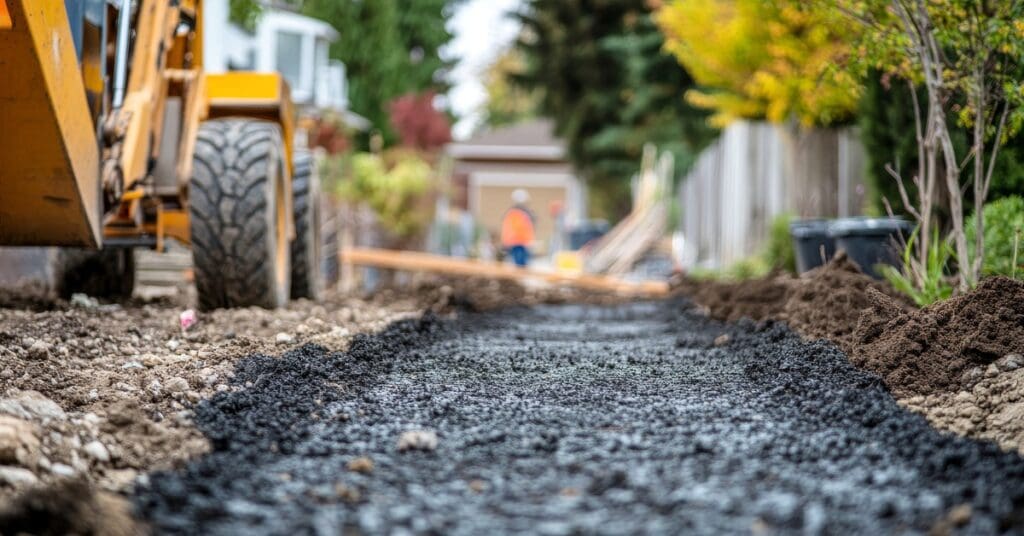A ground view of a construction site with the focus on the level dirt. On the side there is construction equipment.