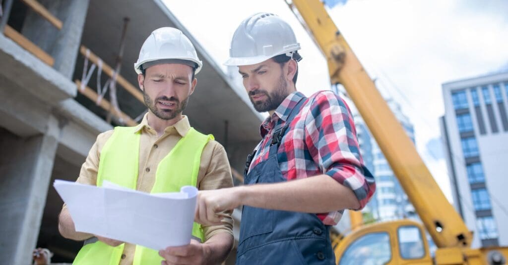 Two construction workers are looking at a paper discussing something. Behind them is a crane and a building.