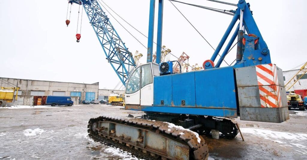 A crawler crane on a construction site with no equipment attached to it. There is snow and sludge on the ground.