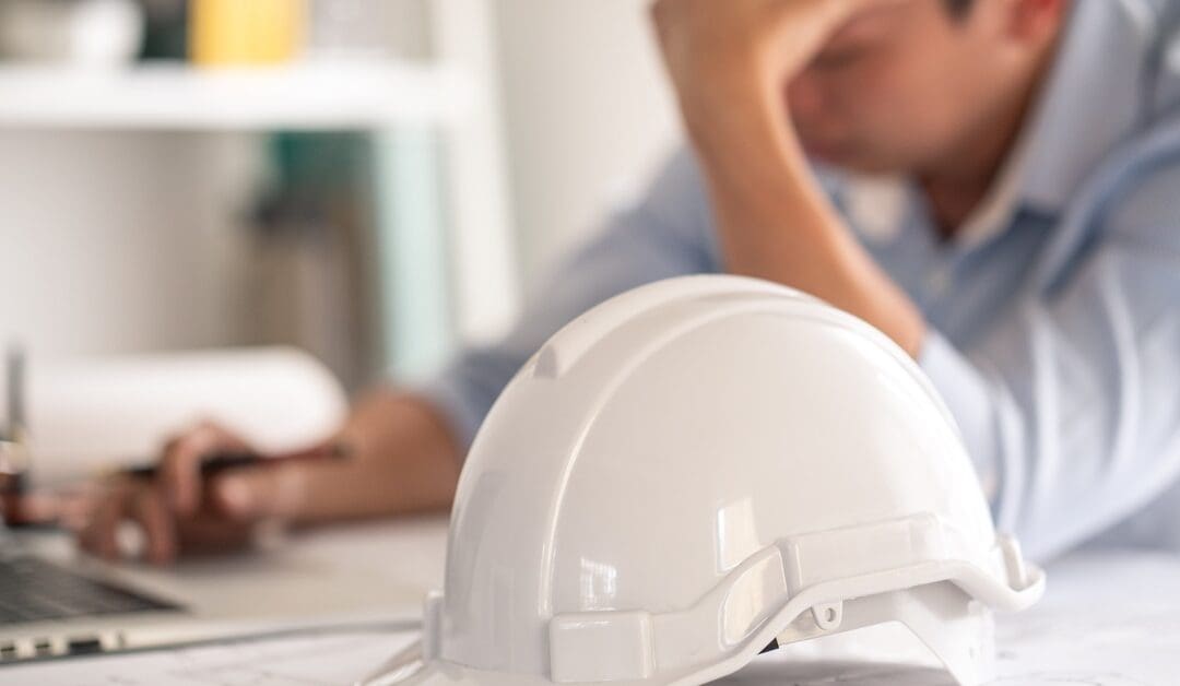 An engineer's white hard hat is on a desk. Sitting behind the desk is a stressed-looking engineer.