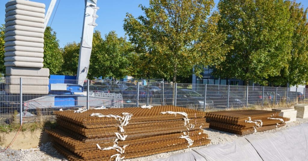 A stack of long brown steel mats lying near a chain fence on a construction site with tarps tied to them.